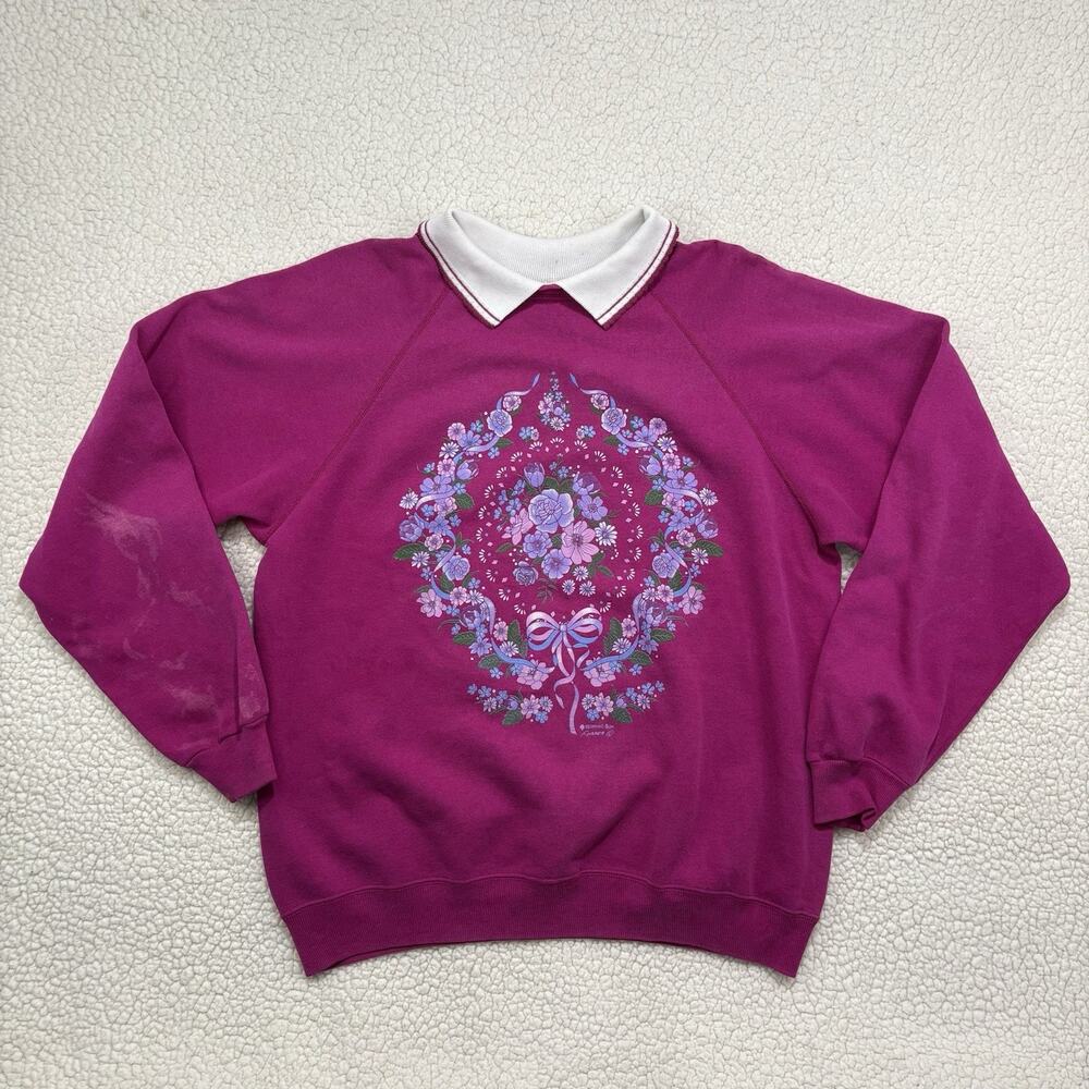 Vintage Morning Sun Magenta Floral Granny Sweatshirt Collared Crewneck Size XL